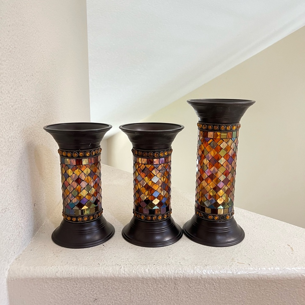 Vintage 3 set Party lite Global Fusion Mosaic Title Glass Column Candle Holder